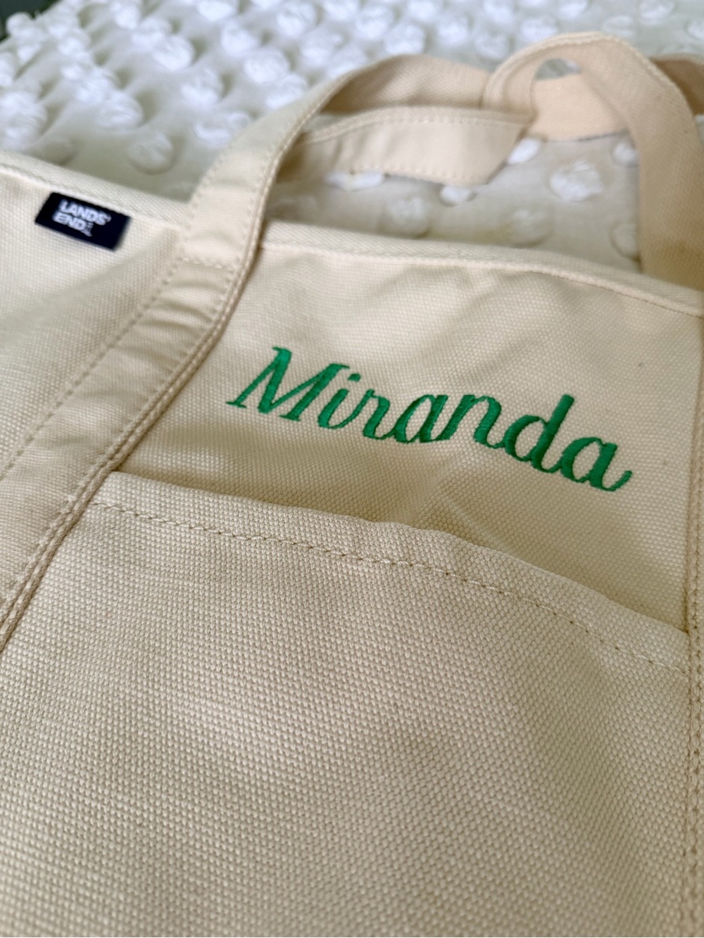 Lands' End Cream Canvas Tote with Green Embroidery